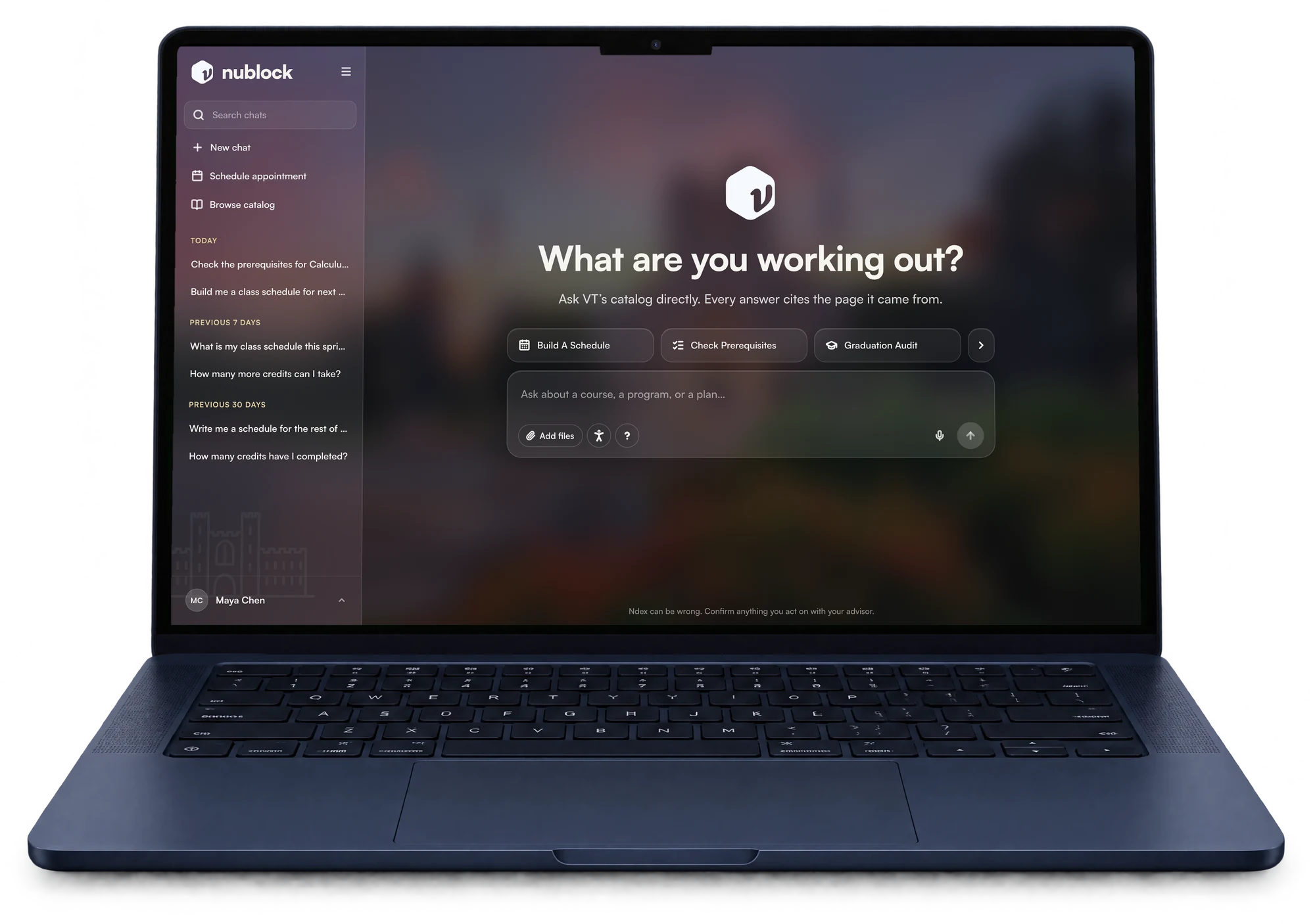 Ndex open to its welcome screen on a laptop