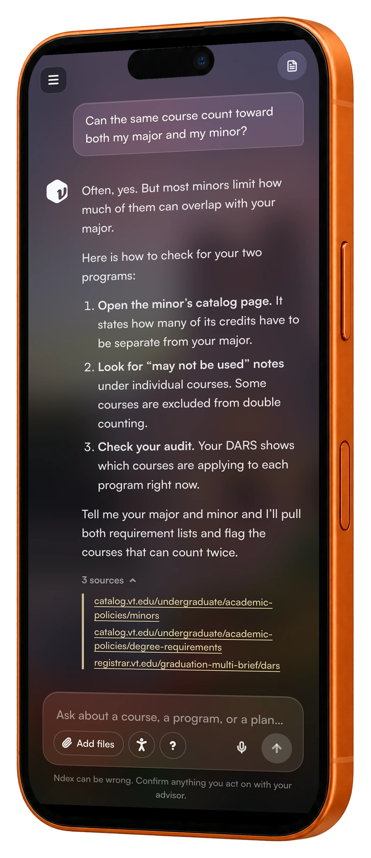 An Ndex answer with its catalog sources on a phone