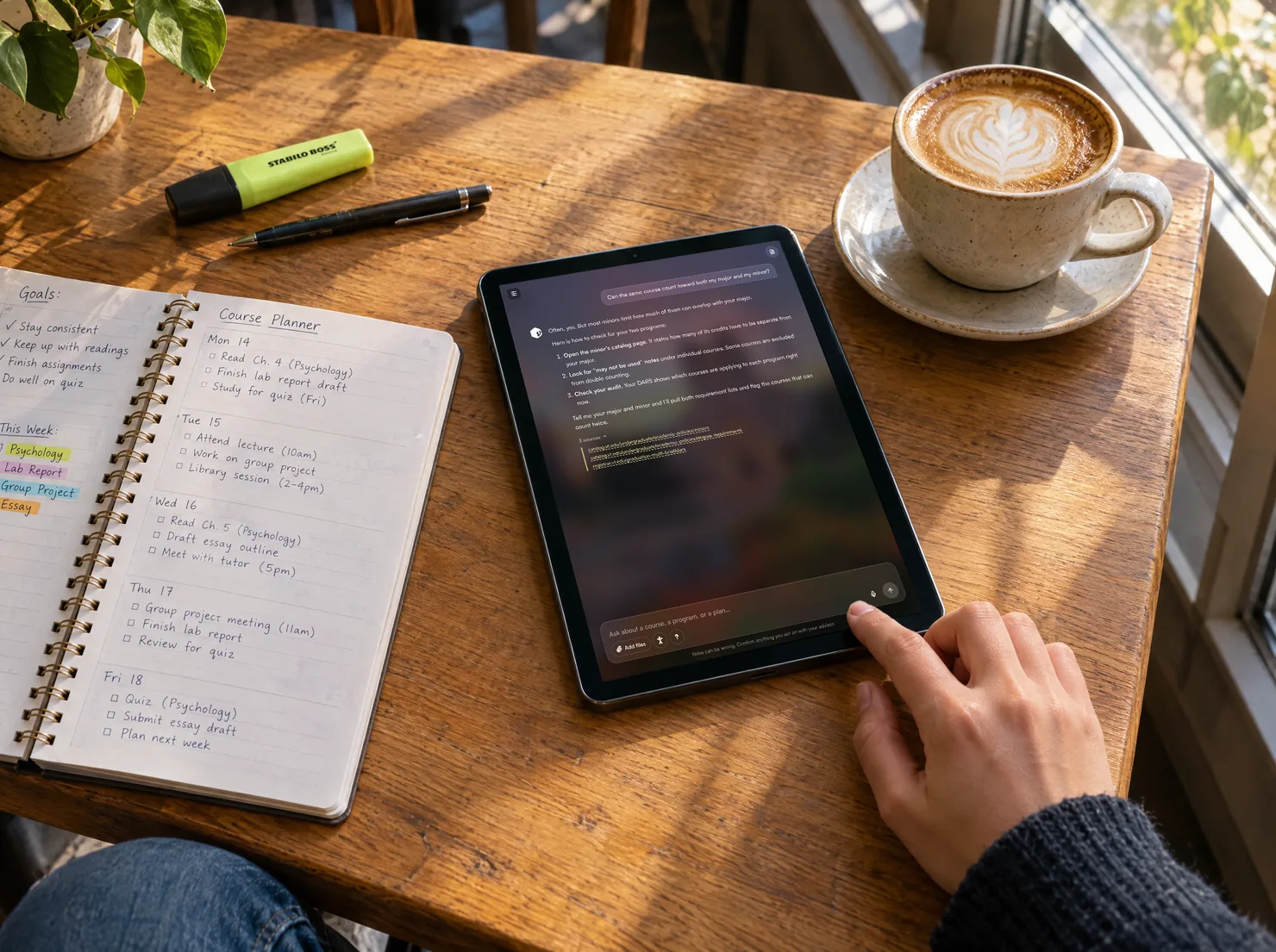 A tablet on a café table showing an Ndex answer with its three catalog sources underneath