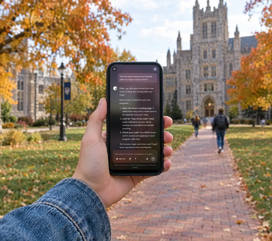 Ndex on a phone, held up on a walk across campus