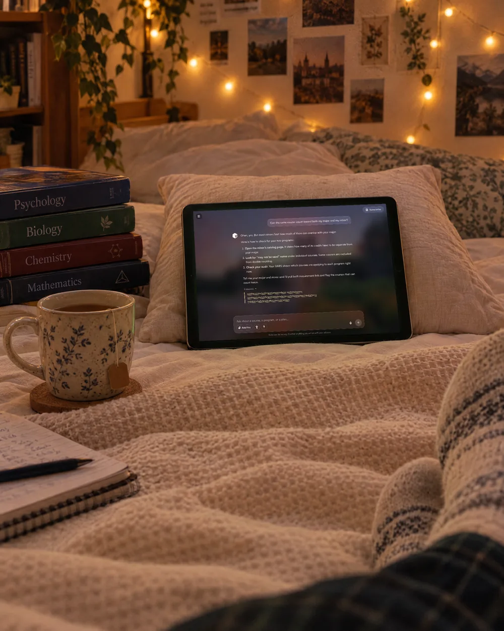 A tablet propped on a pillow showing an Ndex answer, beside textbooks and a mug of tea