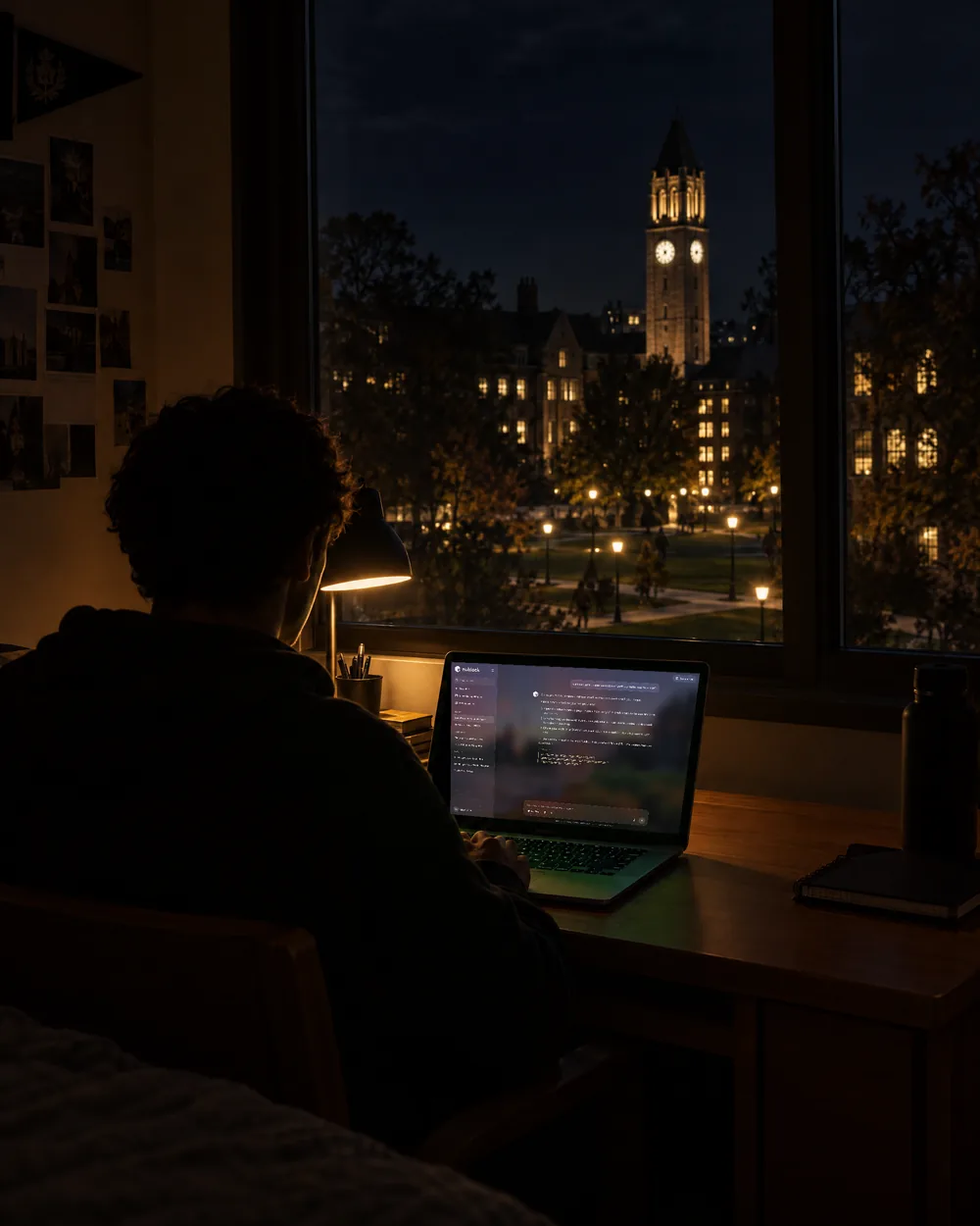 A student at a desk by a dorm window at night, a laptop open to Ndex, a lit clock tower outside