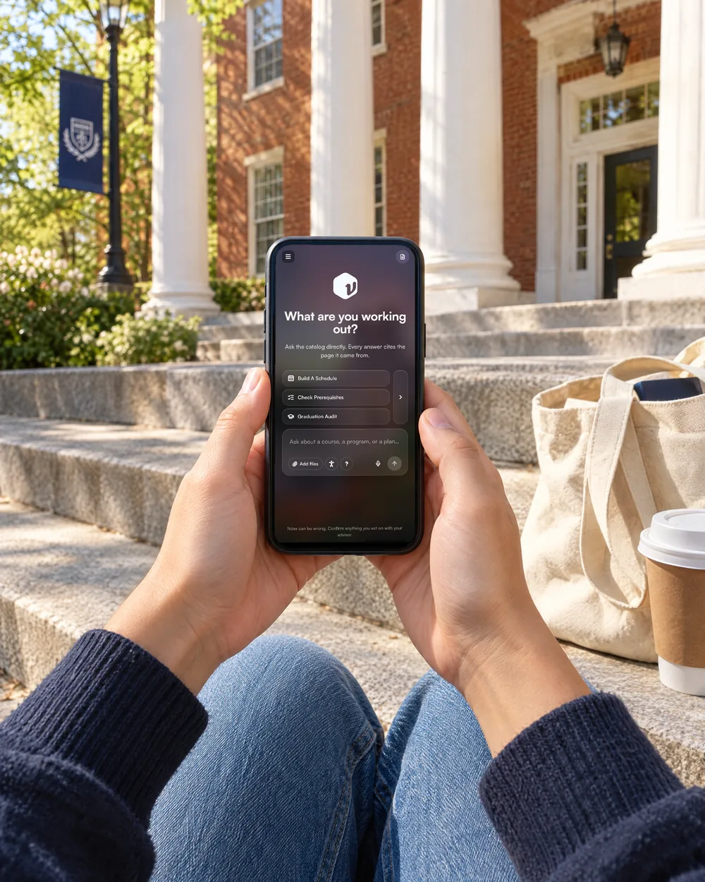 A student on the steps of a brick campus building holding a phone open to Ndex